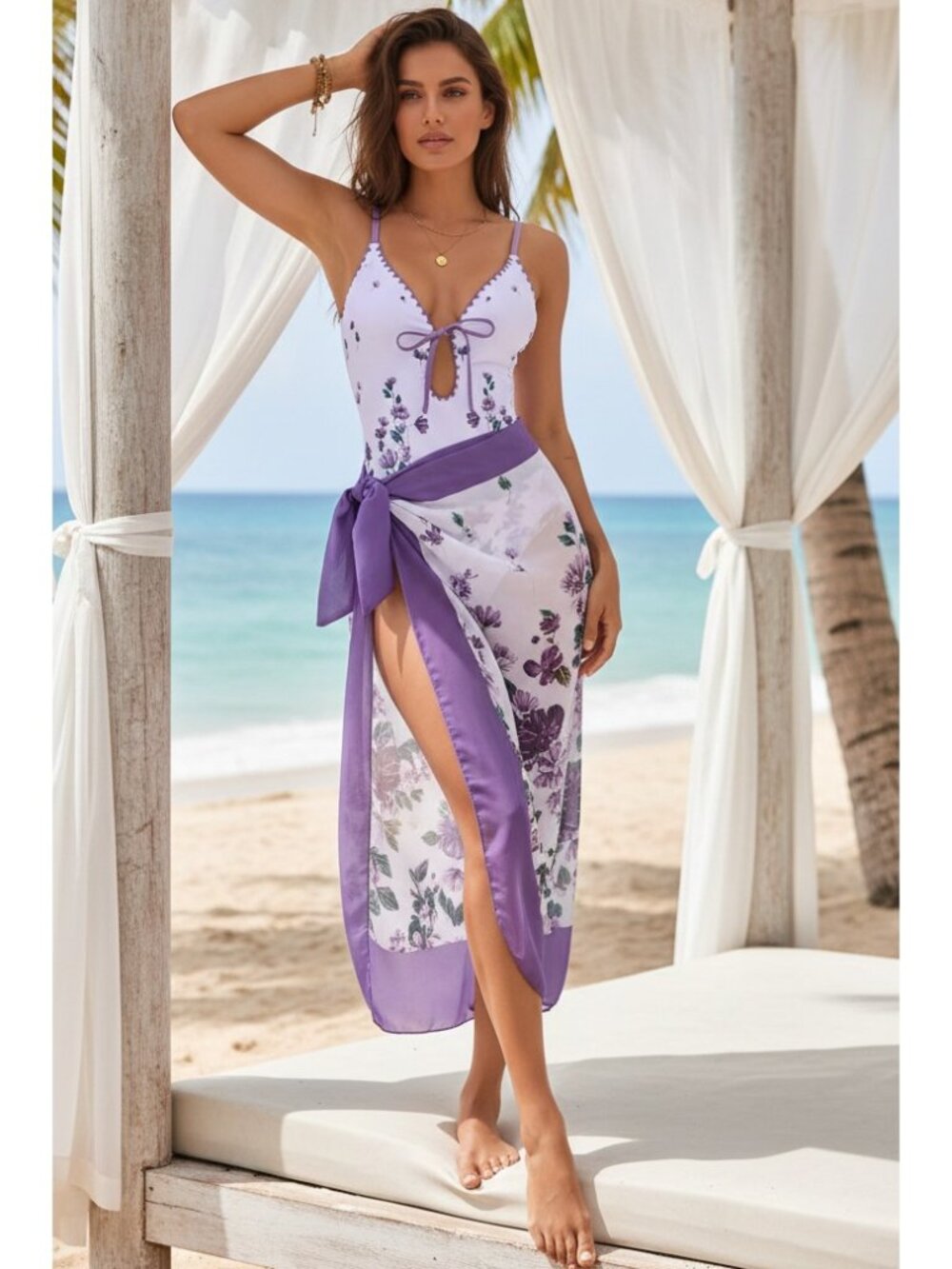 Bow Tie Keyhole One-Piece Swimsuit Matching Swimwear Sarong Wrap Cover Up Set